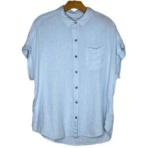 Lola River Linen Wood Button Top Blue SZ LRG Beachy Oversized Coastal Boxy Boho